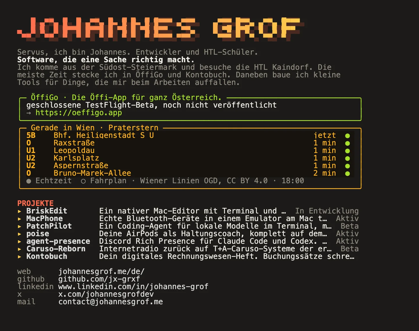 So sieht die Ausgabe im Terminal aus: der Name in Pixelschrift, ÖffiGo, eine Abfahrtstafel vom Praterstern und die Projekte.