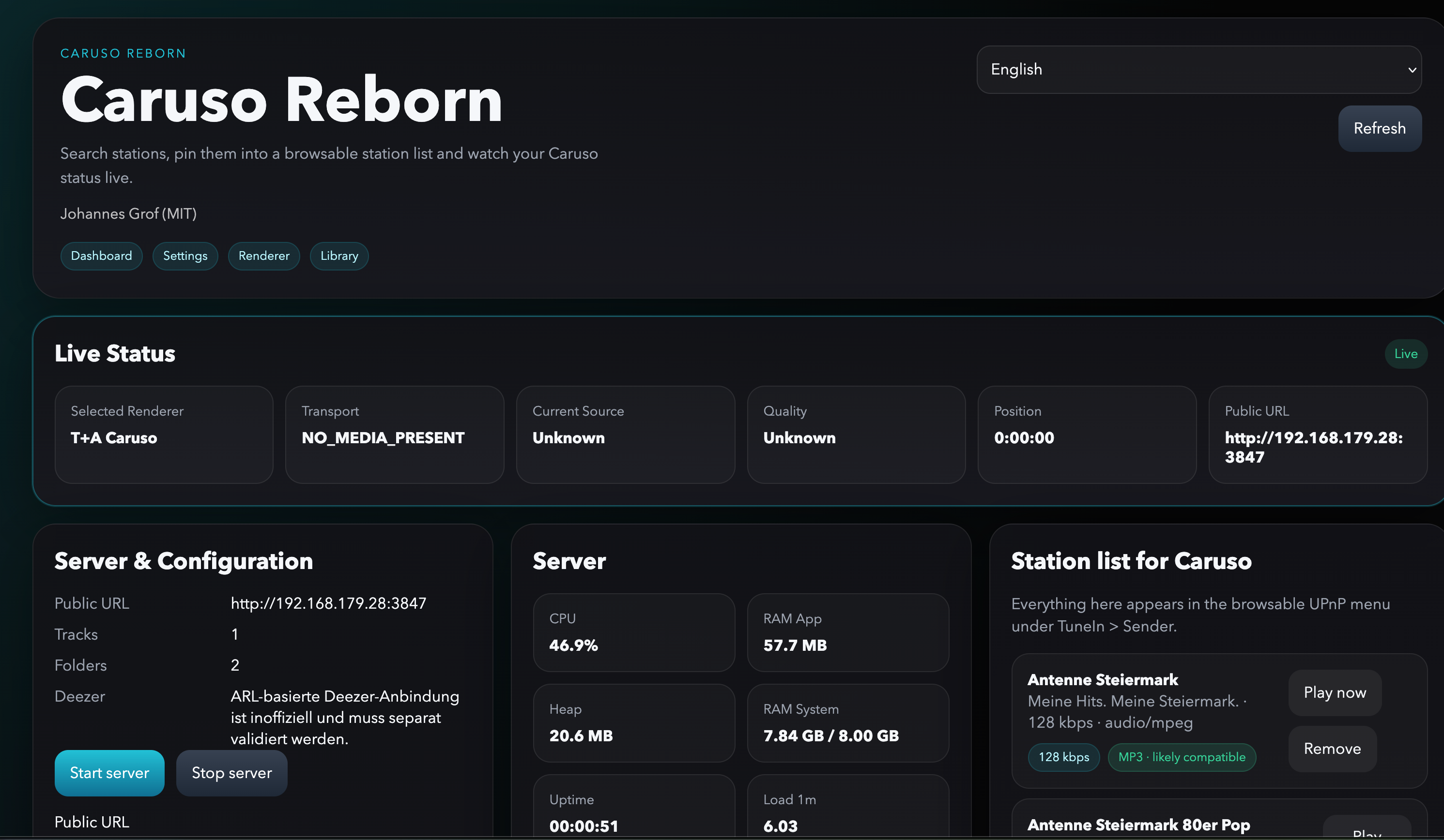 Caruso Reborn dashboard