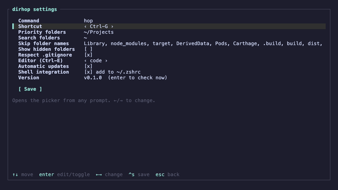 dirhop settings screen with command name, shortcut, folders, editor and automatic updates