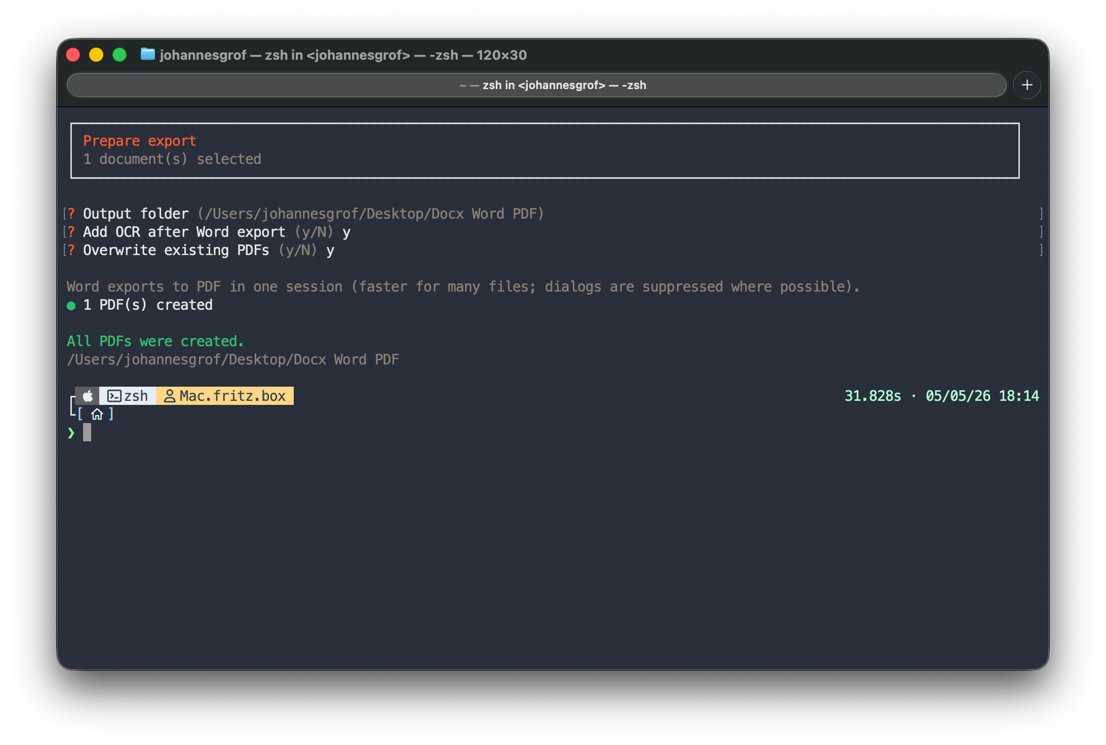 DocxToPDF terminal export flow