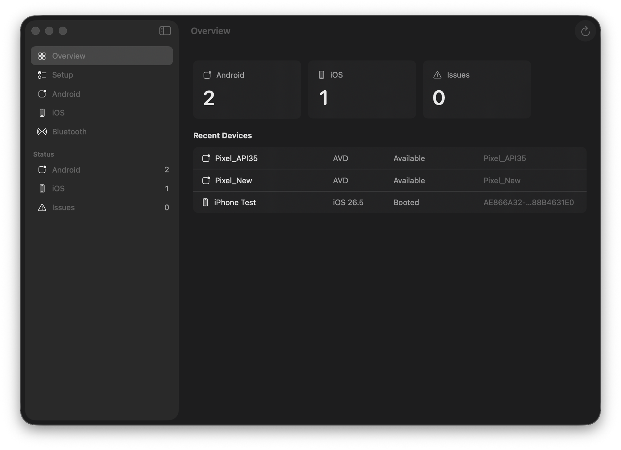 MacPhone overview dashboard listing connected Android emulators and iOS simulators