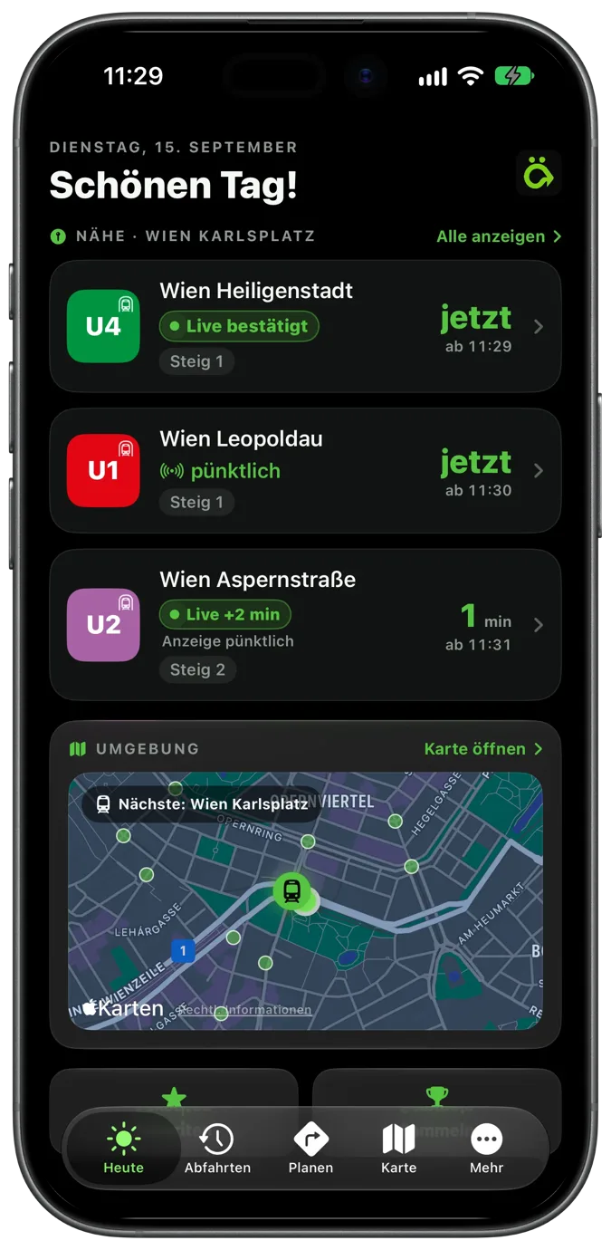 ÖffiGo am Karlsplatz: die U2 mit eigener Live-Messung plus zwei Minuten, während der Betreiber noch pünktlich anzeigt.