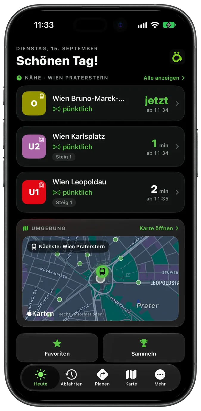 ÖffiGo Heute auf dem iPhone: die nächsten Abfahrten bei Wien Praterstern mit O-Wagen, U2 und U1, darunter die Umgebungskarte.