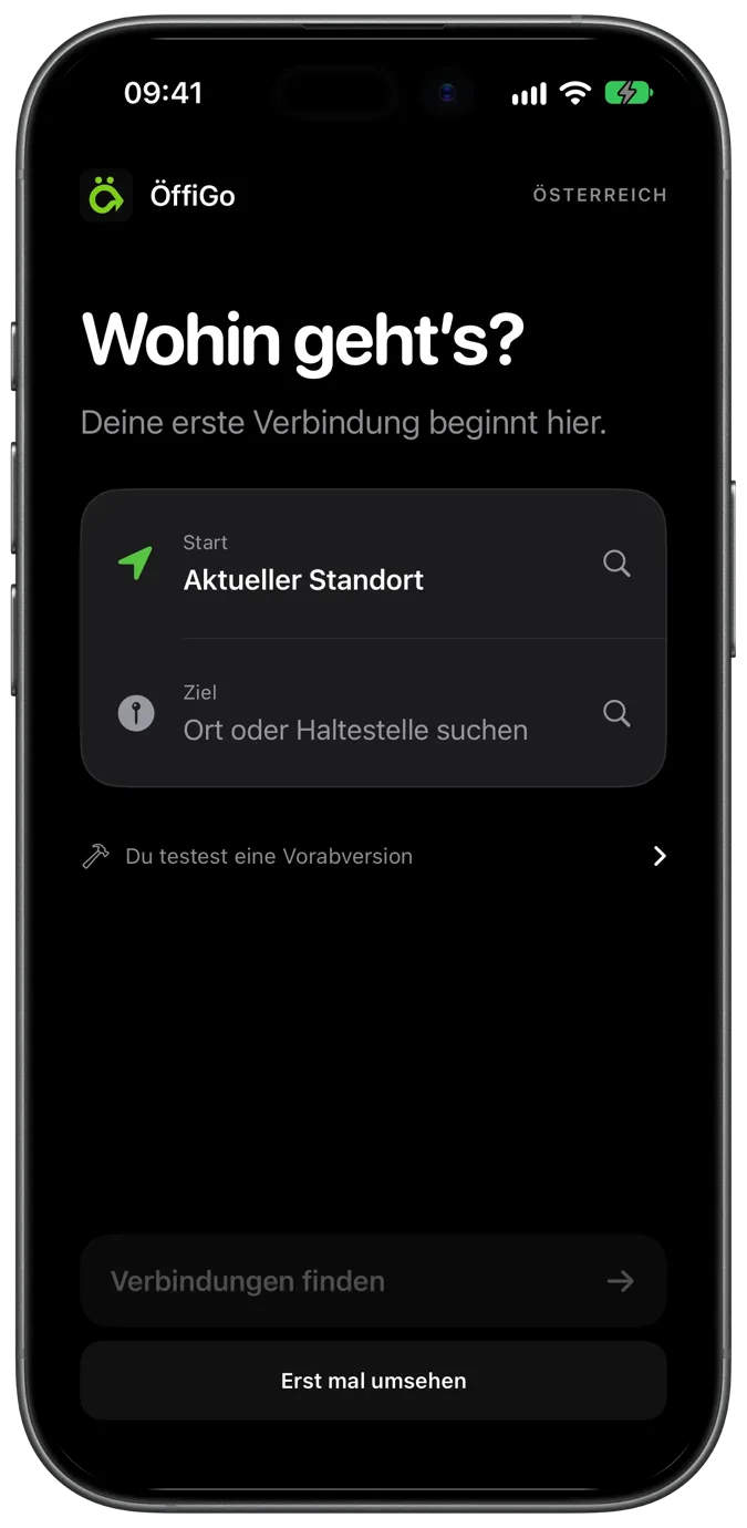 ÖffiGo Routensuche: Start am aktuellen Standort, Ziel wählen, Verbindungen finden.