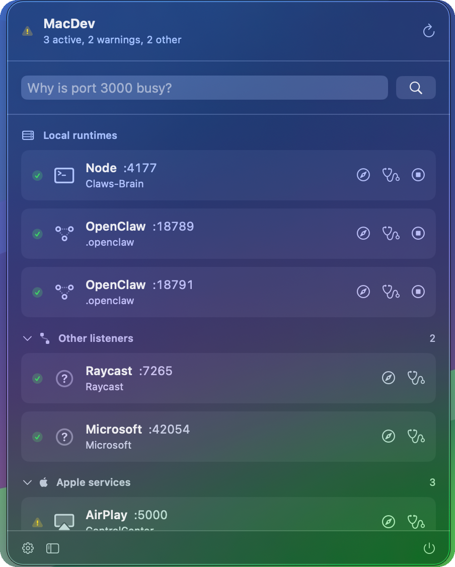 PortPirate menu bar runtime panel with localhost runtimes, warnings, and diagnostics